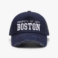 Distressed dark blue baseball cap with white Boston embroidery and vintage cotton finish - Adjustable / Navy Blue(24A231)