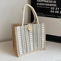 Linen tote bag with black and white vertical stripes and wooden button detail - Off-white Button Style