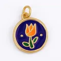 Copper tulip charm with deep blue enamel and gold finish for DIY jewelry crafts - Gold Round Dark Blue Tulip
