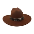 Dark brown wool jazz hat with ethnic woven band and silver bull skull accessory - Coffee