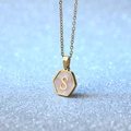 Gold hexagon stainless steel necklace with white shell inlay featuring letter S pendant - Letter S