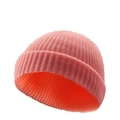 Close-up of pink ribbed knit texture and wide cuffed brim on this retro beanie hat - One Size / Pink