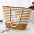 Striped beige canvas beach tote with white anchor print and thick rope handles - Khaki