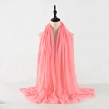 Pink pleated cotton linen scarf with frayed tassel edges for women, lightweight texture - Pink