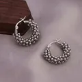 Vintage silver beaded hoop earrings with intricate hand-wrapped metal wire texture - E-063---Platinum