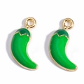Detail of a pair of green chili pepper enamel pendants with gold leaf accents for DIY jewelry - Green Chili