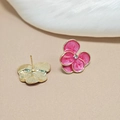 Pink enamel flower stud earrings with gold plating and central sparkling crystal - No.25 Pink Enamel Single Diamond Flower (Y0188-1)