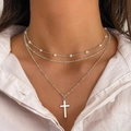 Three-layer silver necklace with pearls and cross pendant worn on neck - HS1459-5 Silver 3-Layer Pearl Cross Necklace