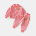Rosa Kleinkinder-Trainingsanzug Set mit süßen Plüschbären-Patches und Rippbündchen - 90cm / Rosa