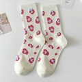 White mid-calf cotton socks with red and blue floral leopard print and ribbed cuffs - One Size / White Leopard Heart