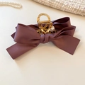 Pince à cheveux élégante en satin violet foncé avec perle et base en métal doré brillant - Pince à Cheveux Noeud en Satin et Fausse Perle (60#) / Violet/Or