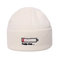 White knit beanie featuring a low battery icon and help me... embroidery for hip-hop style - Help me Battery Embroidery / White