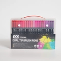 100-color dual tip brush pen set in a portable transparent case with a red handle - 100 Colors Black Barrel Dual Tip PP Box