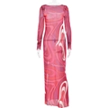 Detail van een rode mesh jurk met abstracte golfpatronen en lange transparante mouwen - S / Rood