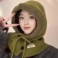 Winter knitted balaclava hooded scarf in moss green with fleece lining and drawstring - Grass Green (Hat Only)