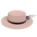 Pink straw boater hat with black leather star-studded band and wide flat brim - Five-pointed Star Studded Band Style (301E)