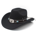 Sombrero vaquero negro clásico con banda de cuero y hebilla de cabeza de toro turquesa - M (56-58cm) / Negro