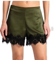 Close-up of olive green satin shorts featuring delicate black eyelash lace trim and hem - S / Army Green