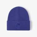 Navy blue ribbed knit beanie featuring a matching smiley face embroidery detail - One Size / Sky Blue