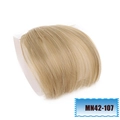 Macro detail of golden blonde synthetic bangs clip-in hairpiece model MN42-107 on white back - Light gold