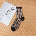 Classic black transparent sheer mesh socks displayed on a woven mat with modern lifestyle props - Black Lattice