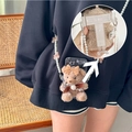 Brown plush bear phone case with checkered bow and pearl crossbody chain strap - Brown Bow Pearl Brown Bear (T-Plate Phone Clip)