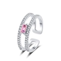 Double-layer silver ring with a pink rectangular gemstone and pavé zircon stones - Platinum Gold - Pink Zirconia
