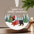 Dachshund in sweater Christmas ornament made of clear acrylic with white silk ribbon - Dachshund Winter Wonderland V1