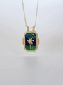 Detailed macro view of gold tarot card pendant featuring palm tree and white crystals - Rectangular Pendant / Gold/Blue Coconut Tree
