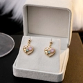 Golden heart earrings with colorful crystals and pearls in a grey jewelry box - Gold Heart Pearl Multi Gem