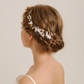 Elegant bridal hair piece with gold leaves, white flowers and pearls on model back view - 1# Hair Comb & Pin Set (Gold/White)