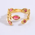 Golden titanium steel leaf ring with pink crystals and adjustable open band for women - Pink Garland Style (JZ22-1)
