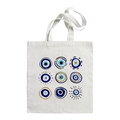 White canvas tote bag featuring nine artistic blue Evil Eye prints in a matrix - 9 Grid Evil Eye I