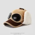Kids khaki corduroy aviator baseball hat with decorative goggles and ear flaps - 52cm (2-5 Years) / Color Block Goggles-Yellow