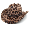 Faux fur leopard print cowboy hat with brown leather band and bull metal ornament - M (56-58cm) / Light Brown Straight Crown