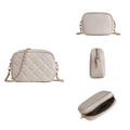 Mini beige crossbody camera bag with diamond quilting and gold chain strap detail - Gray