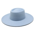 Detailed close-up of light blue wool felt pork pie hat with a wide flat brim and concave crown - Sky Blue