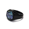 Detailed view of an octagonal titanium ring with black finish and abalone shell inlay - Black Abalone Shell