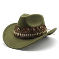Detail of olive green wool cowboy hat with feather trim and gold skull embellishments - Army Green