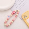 Pink beaded phone lanyard with checkered bead and flower charm for cellphones - Flower Square (K1686)