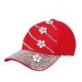 Red rhinestone baseball cap featuring white 3D flowers and sparkling silver gems - L (58-60cm) / Red