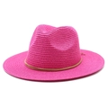 Close-up of rose red straw fedora hat featuring a fine brown leather band and texture - M (56-58cm) / Rose Red
