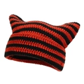 Cute red and black striped knit cat ear beanie with devil horn style on white background - Black Red