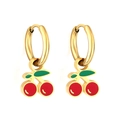 Minimalist gold hoop earrings with cute red cherry fruit pendants and green leaves - Silver Cherry
