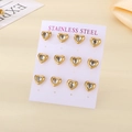 Set of 6 pairs of gold stainless steel heart stud earrings with sparkling crystals - Gold/White
