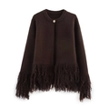 Women's knit fringe cardigan in dark coffee brown with elegant gold button closure - S / Coffee