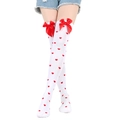 Close-up of white over-the-knee socks with red heart patterns and large silk bows - One Size / White Socks With Red Heart Pattern And Red Bow