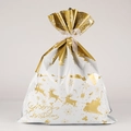 White and gold Christmas drawstring gift bag with Merry Christmas reindeer print - Large / Elk Gold