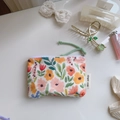 Floral cotton pouch with zipper and green cord handle for lipstick or earphones - Red Orange Small Flowers