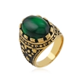 Vintage golden ring with an oval green gemstone and black embossed patterns on a white background - 9 / Green Turquoise